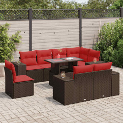 9 Pcs conj. sofás jardim c/ almofadões vime PE/acácia castanho