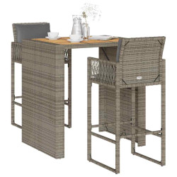 3 Pcs conj. de bar jardim c/ almofadões vime PE/acácia cinzento