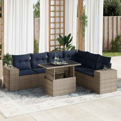 7 Pcs conjunto sofás jardim almofadões vime PE/acácia cinzento