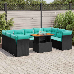 10 Pcs conjunto sofás de jardim c/ almofadões vime PE preto