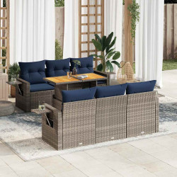 7 Pcs conjunto sofás p/ jardim c/ almofadões vime PE cinzento