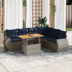 7 Pcs conjunto sofás p/ jardim c/ almofadões vime PE cinzento