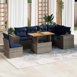 7 Pcs conjunto sofás p/ jardim c/ almofadões vime PE cinzento