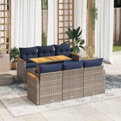 7 Pcs conjunto sofás p/ jardim c/ almofadões vime PE cinzento