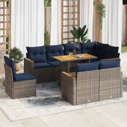 9 Pcs conjunto sofás p/ jardim com almofadões vime PE cinzento