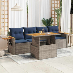 5 Pcs conjunto sofás de jardim c/ almofadões vime PE cinzento