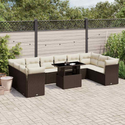 11 Pcs conjunto sofás de jardim c/ almofadões vime PE castanho