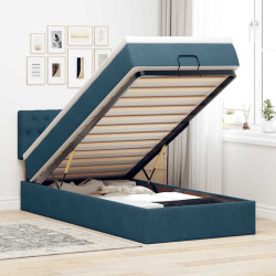 Estrutura de cama otomana com colchão azul escuro veludo