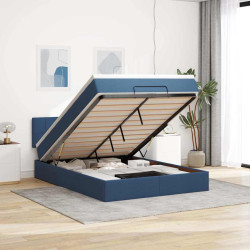 Estrutura de cama otomana com colchão tecido azul 140x200cm