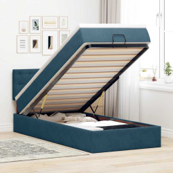 Estrutura cama otomana com colchão azul escuro 90x190cm veludo