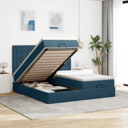 Estrutura de cama otomana com colchão azul escuro veludo