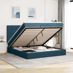 Estrutura de cama otomana com colchão azul escuro veludo