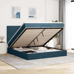 Estrutura de cama otomana com colchão azul escuro veludo