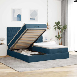 Estrutura de cama otomana com colchão azul escuro veludo