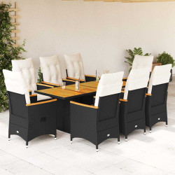 9 Pcs conjunto de jantar p/ jardim c/ almofadões vime PE preto