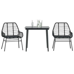3 Pcs conjunto de jantar para jardim vime PE vidro preto