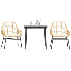 Conjunto jantar jardim 3 peças almofadas vidro vime PE castanho