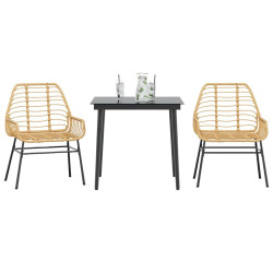 Conjunto jantar jardim 3 peças vidro vime PE castanho