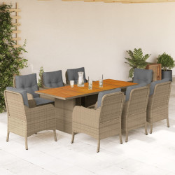 9 Pcs conjunto de jantar p/ jardim com almofadões vime PE bege