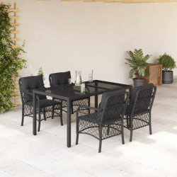 5 Pcs conjunto de jantar p/ jardim c/ almofadões vime PE preto
