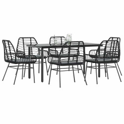 Conjunto de jantar jardim 7 peças almofadas vidro vime PE preto