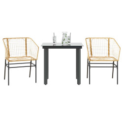 Conjunto jantar jardim 3 peças vidro vime PE castanho