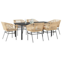 Conjunto jantar jardim 7 peças almofadas vidro vime PE castanho
