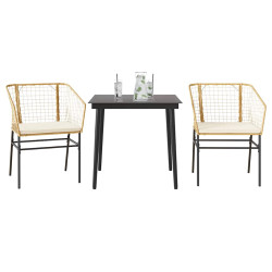 Conjunto jantar jardim 3 peças almofadas vidro vime PE castanho