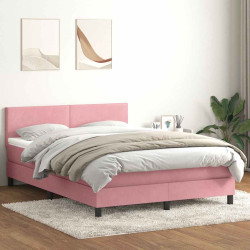 Cama box spring c/ colchão e LED 140x220 cm veludo rosa
