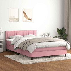 Cama box spring c/ colchão e LED 140x220 cm veludo rosa