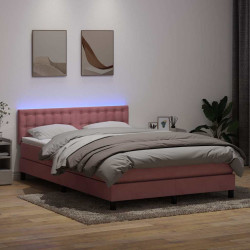 Cama box spring c/ colchão e LED 160x210 cm veludo rosa