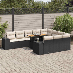 10 Pcs conjunto sofás jardim c/ almofadões vime PE/acácia preto