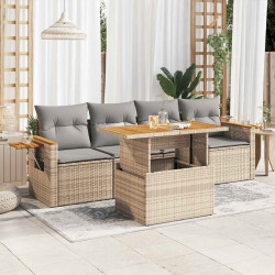 5 Pcs conj. sofás p/ jardim c/ almofadões vime PE/acácia bege