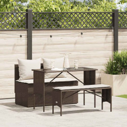 3 Pcs conjunto jantar p/ jardim c/ almofadões vime PE castanho