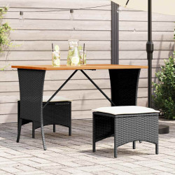 3 Pcs conjunto de jantar p/ jardim c/ almofadões vime PE preto