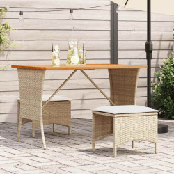 3 Pcs conjunto de jantar p/ jardim com almofadões vime PE bege