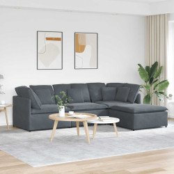 Sofá modular com pufes e almofadas veludo cinzento-escuro