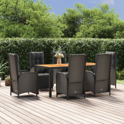 7 Pcs conjunto de jantar p/ jardim c/ almofadões vime PE preto