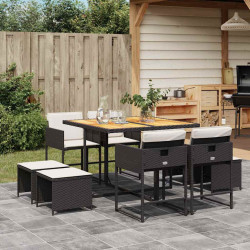 9 Pcs conjunto de jantar p/ jardim c/ almofadões vime PE preto