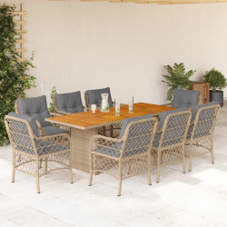 9 Pcs conj. jantar jardim c/ almofadões vime PE bege misturado