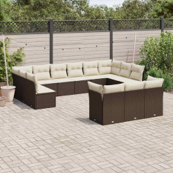 13 Pcs conjunto sofás p/ jardim c/ almofadões vime PE castanho