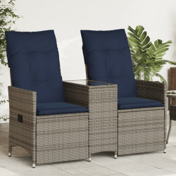 Sofá de jardim reclinável de 2 lugares com mesa em vime sintético cinza