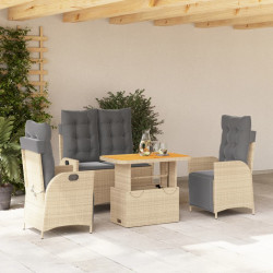4 Pcs conjunto de jantar p/ jardim c/ almofadões vime PE bege