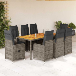 9 Pcs conjunto bistrô de jardim c/ almofadões vime PE cinzento
