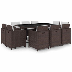 11 Pcs conjunto jantar exterior com almofadões vime PE castanho