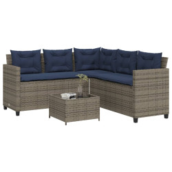 Sofá de jardim em formato de l com mesa e almofadas, em rattan sintético cinza