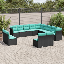 Conjunto de sofá de jardim com 13 peças e almofadas em rattan sintético preto