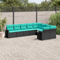 Conjunto de sofá de jardim de 9 peças com almofadas em rattan sintético preto
