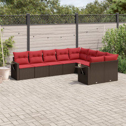Conjunto de sofá de jardim com 9 peças e almofadas em rattan sintético marrom