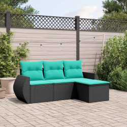 Conjunto de sofá de jardim com 4 peças e almofadas em rattan sintético preto